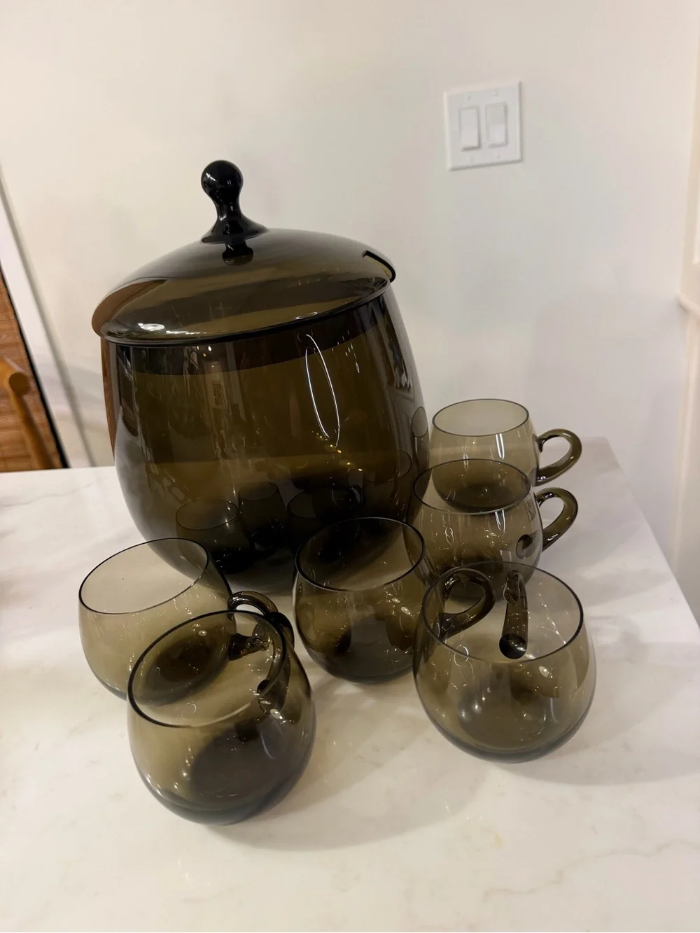 Vintage MCM Smoky Glass Punch Bowl Set with Lidded Centerpiece and 6 cups
